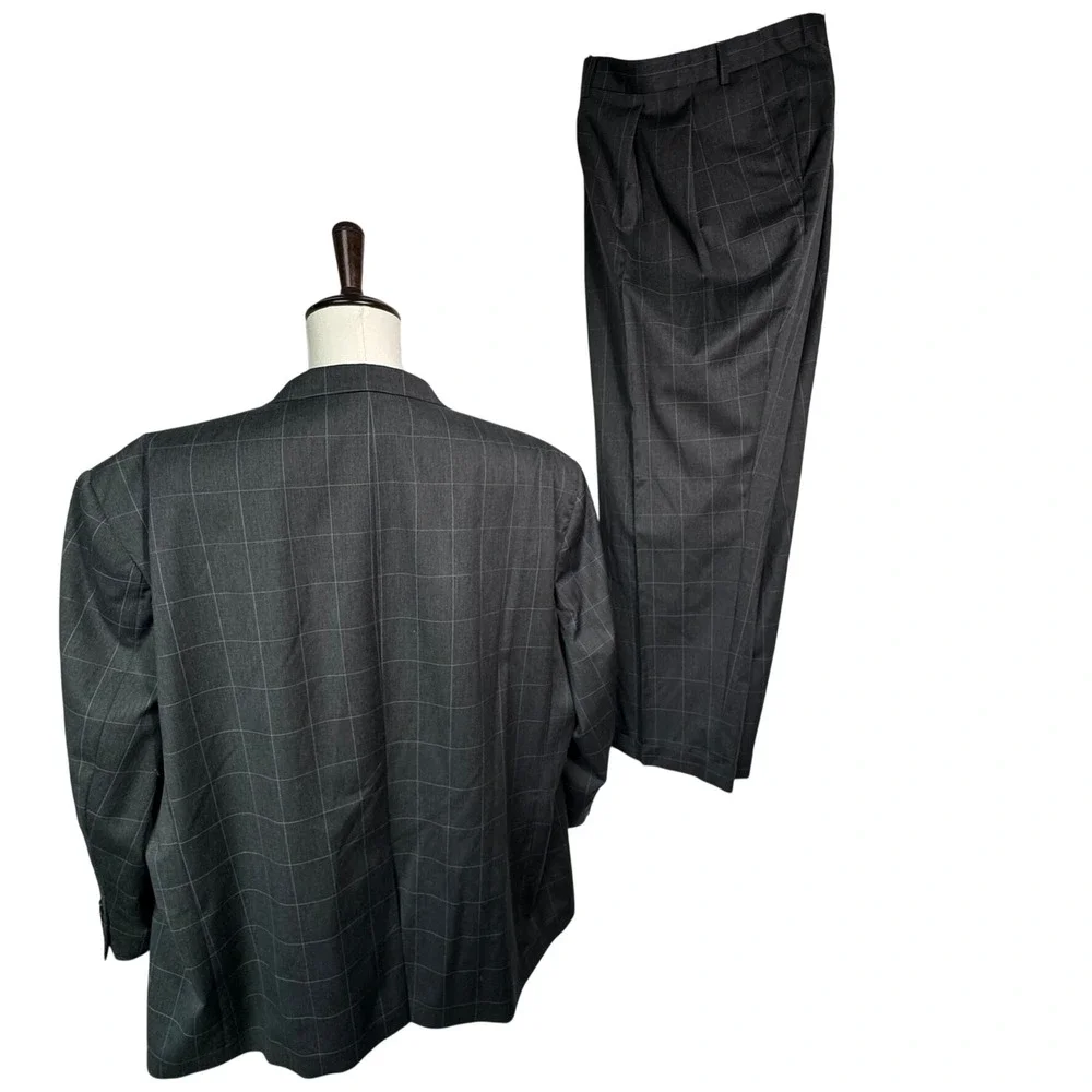 RALPH LAUREN Men's 56R Charcoal Grey Windowpane 2 Piece Wool Suit Blazer Pants